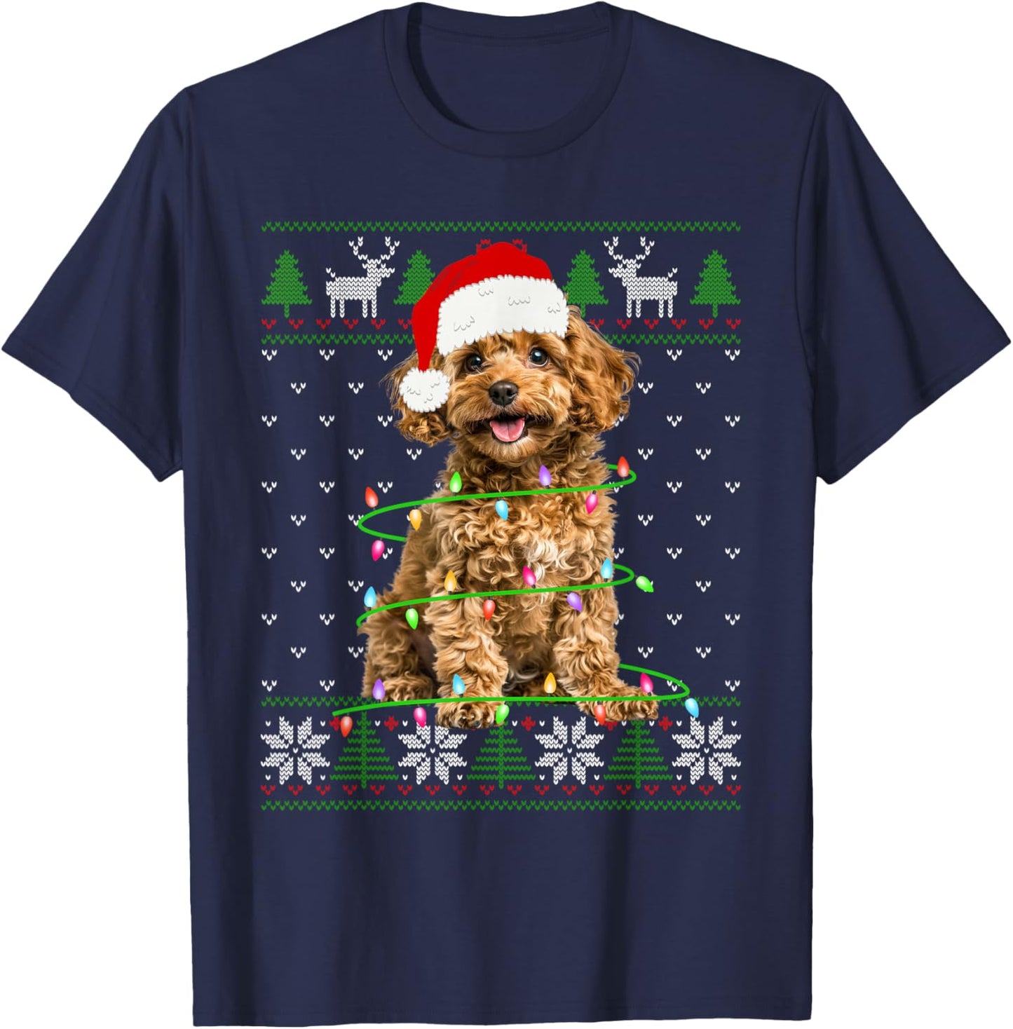 Poodle Dog Christmas Tree Lights Puppy Dog Lover T-Shirt - T-Shirt | Navy