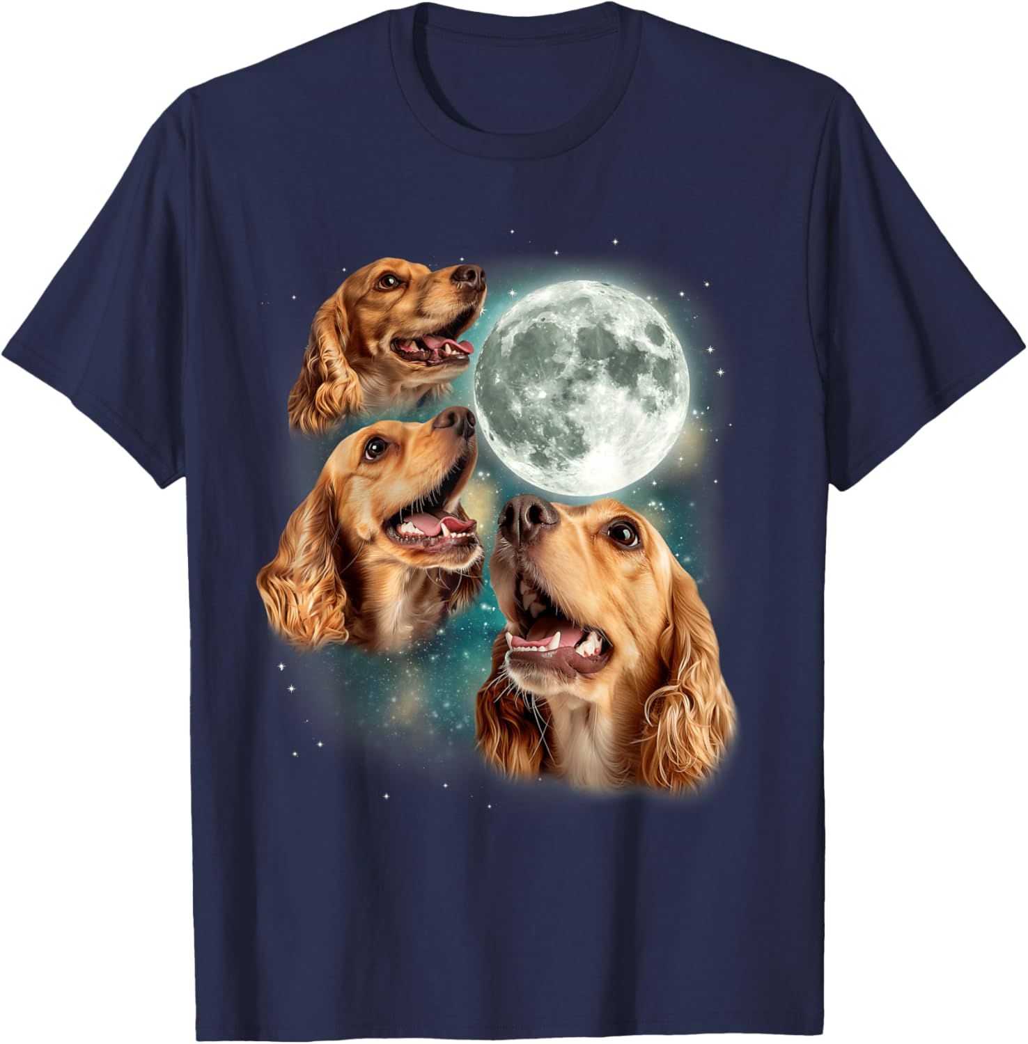 Three Cocker Spaniel Moon | 3 Canines Howling Cute Dog Lover T-Shirt - T-Shirt | Navy