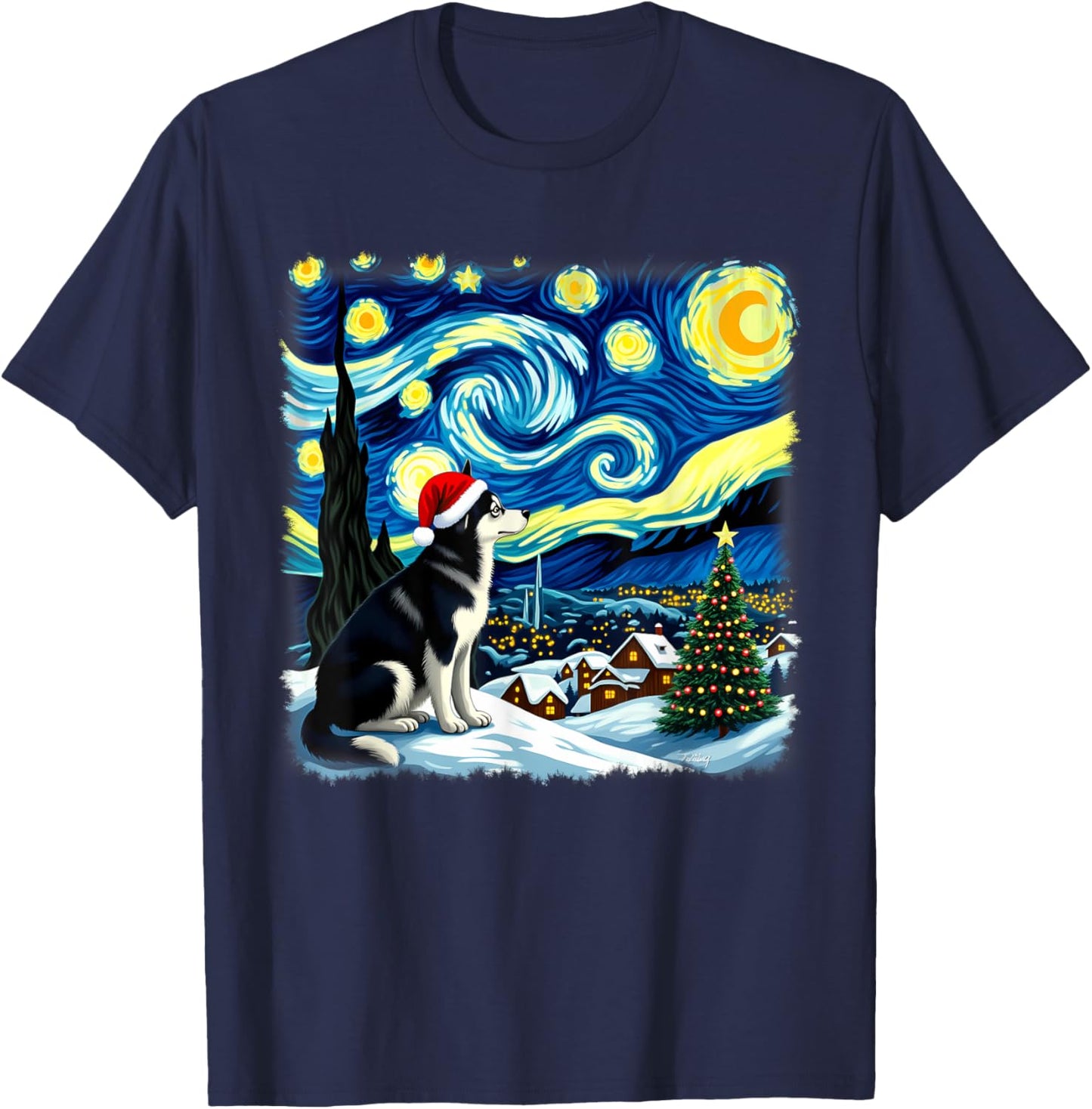 Christmas Husky Dog Starry Night Women Kids T-Shirt - T-Shirt | Navy