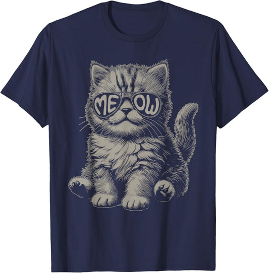 Funny Cat Meow Sunglasses Vintage Graphic T-Shirt - T-Shirt | Navy