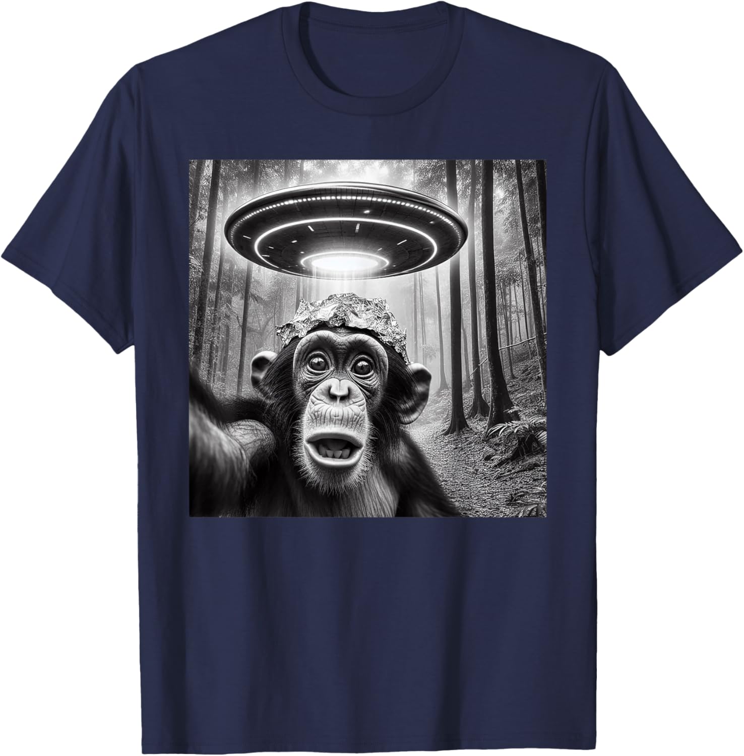 Funny Alien Abduction Meme UFO Monkey Encounter Ape Selfie T-Shirt - T-Shirt | Navy