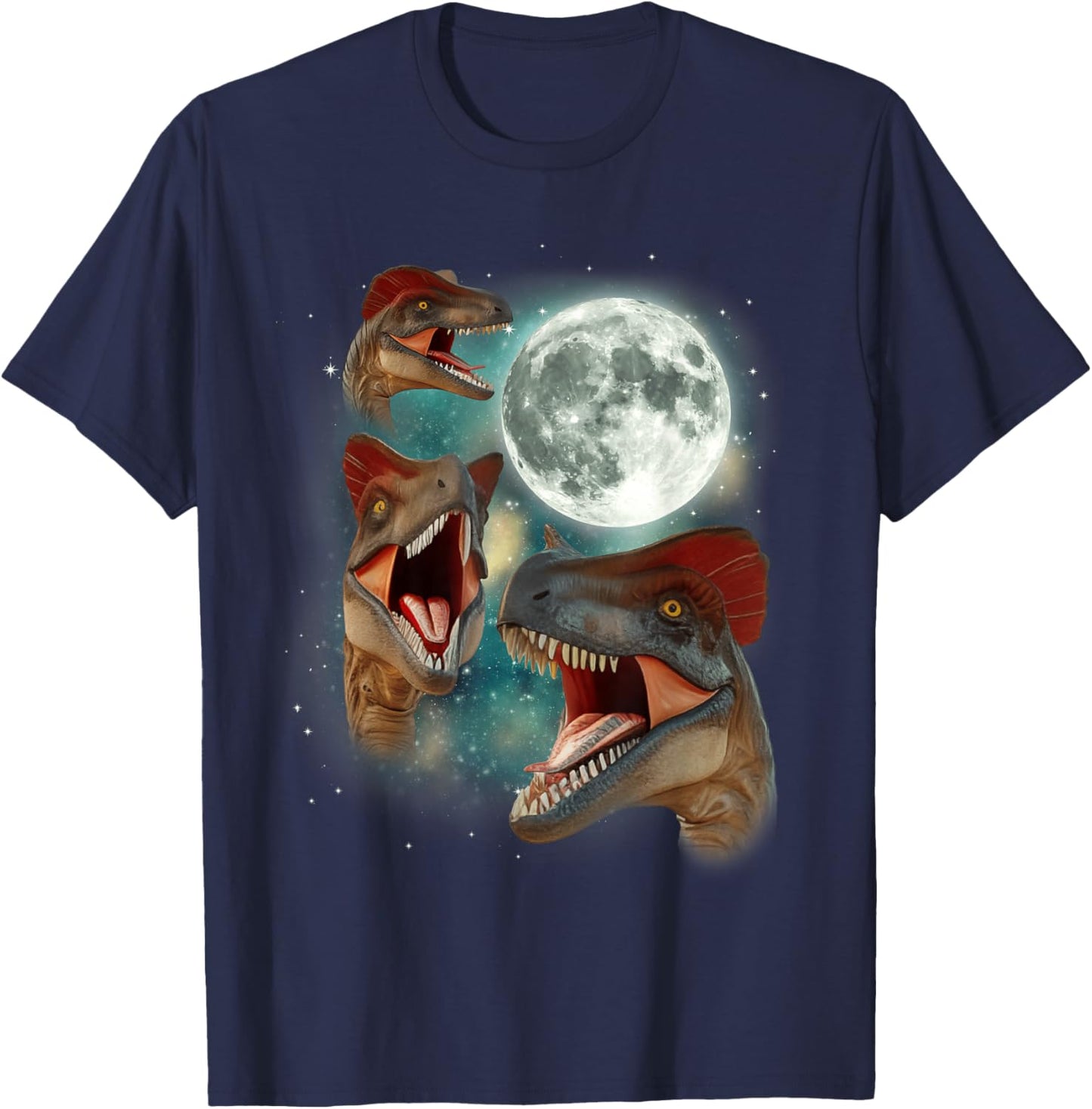 Three Dilophosaurus Moon | 3 Dinosaur Prehistoric Roar Dino T-Shirt - T-Shirt | Navy