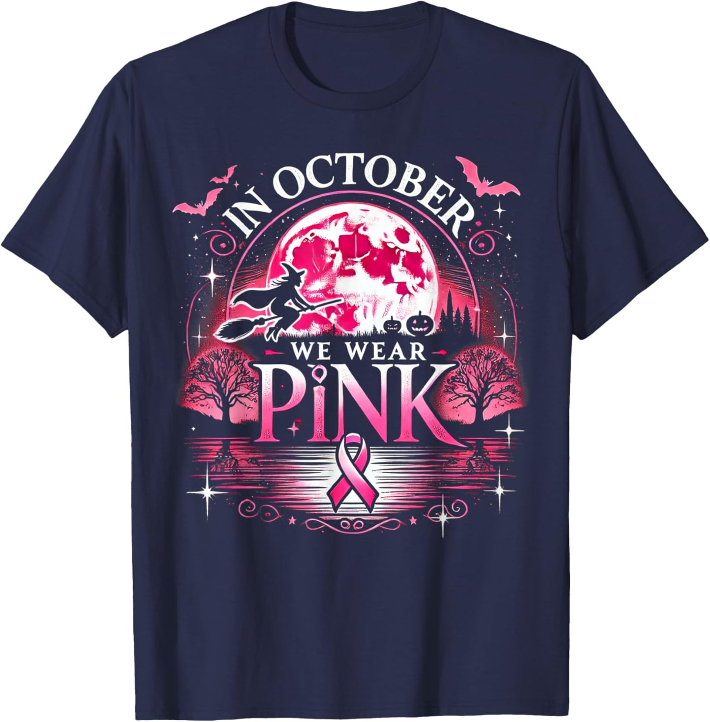 October We Wear Pink Witch Halloween Moon T-Shirt - T-Shirt | Navy