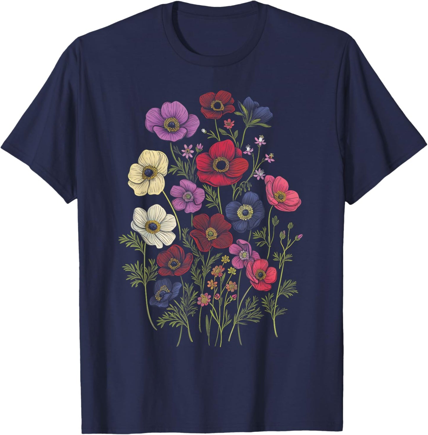 Vintage Botanical Anemone Flower Girl Cute Floral Plant Mom T-Shirt - T-Shirt | Navy
