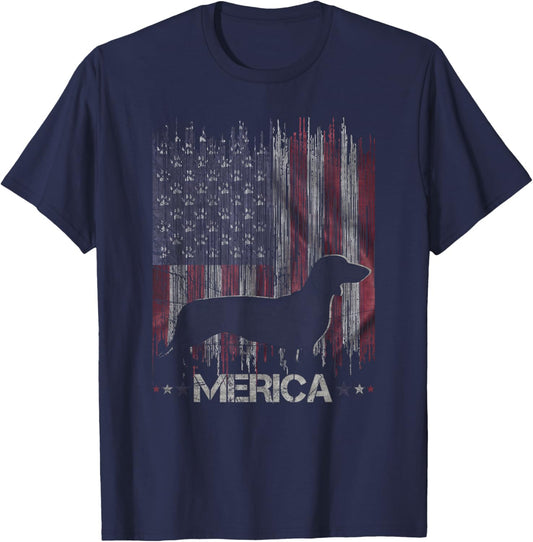 Vintage Dachshund Dog, Merica Weiner Dog USA Flag T-Shirt - T-Shirt | Navy