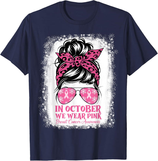 In October We Wear Pink Cheer Bow Breast Cancer Messy Bun T-Shirt - T-Shirt | Navy