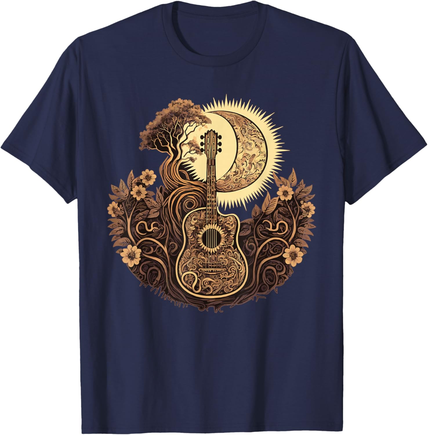 Acoustic Guitar Tree With Moon Guitarist T-Shirt - T-Shirt | Navy