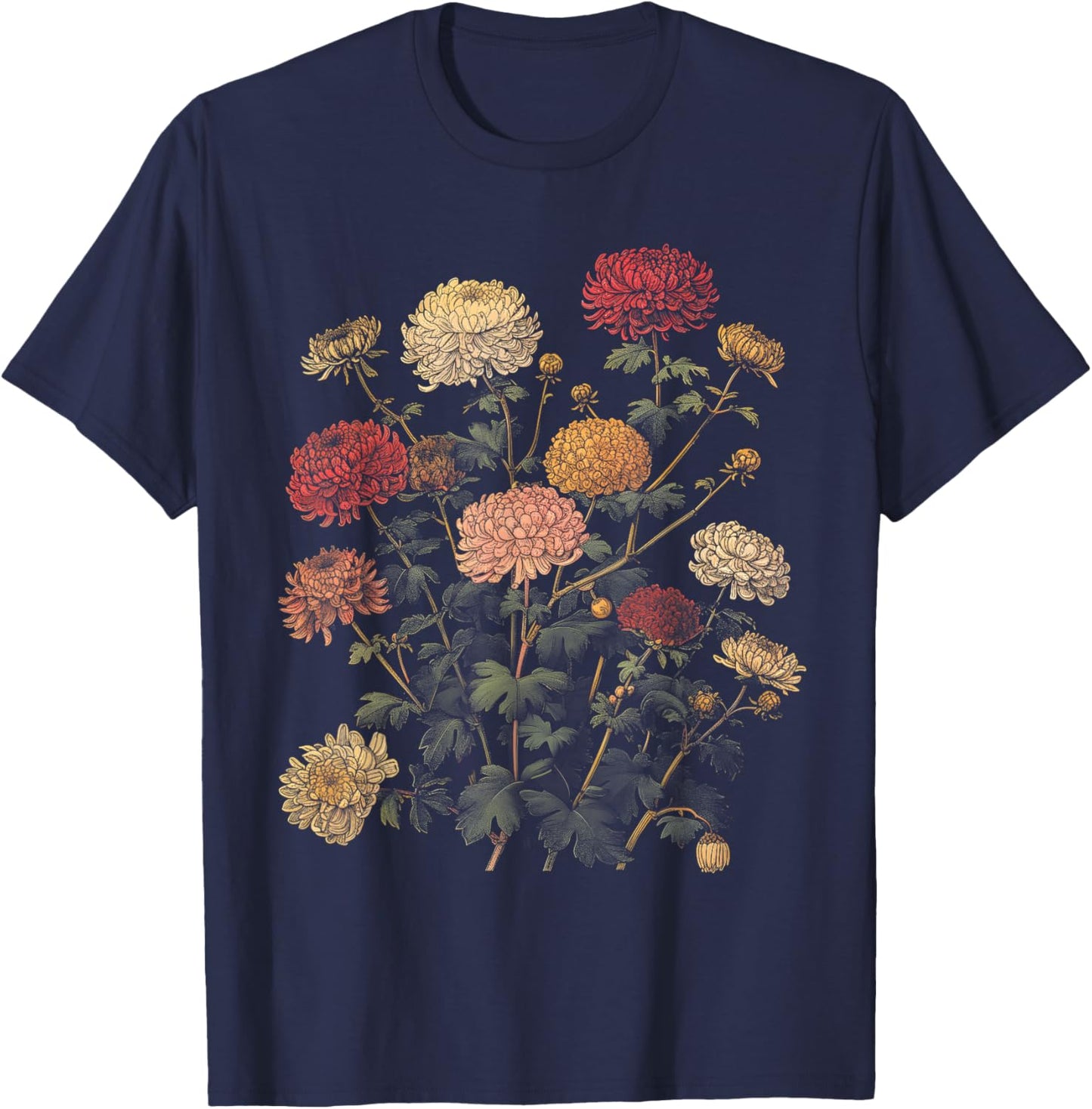 Vintage Botanical Chrysanthemum Flower Girl Floral Plant Mom T-Shirt - T-Shirt | Navy