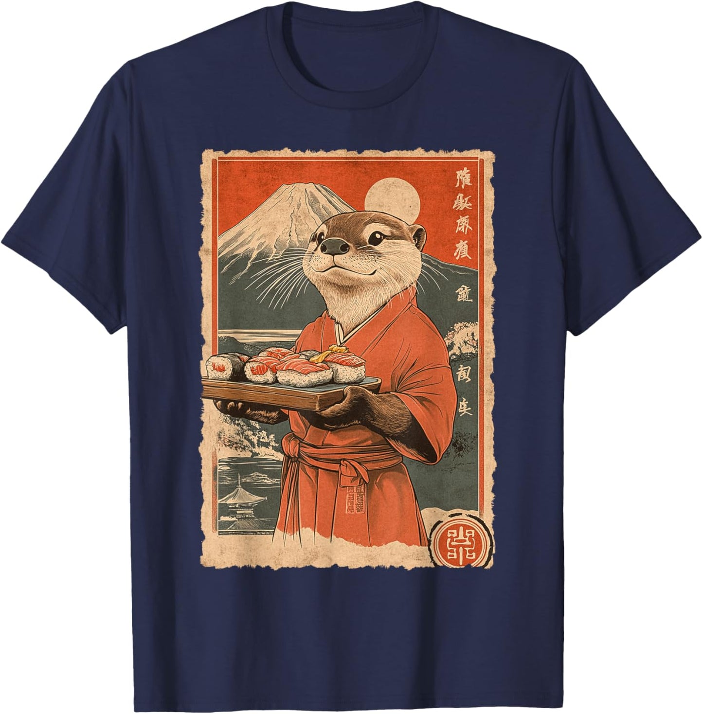 Funny Vintage Japanese Food Art Cute Sea Otter Sushi Chef T-Shirt - T-Shirt | Navy