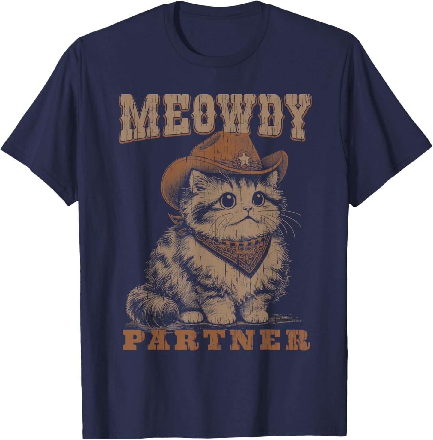 Meowdy Partner Funny Cat Cowboy Vintage Graphic T-Shirt - T-Shirt | Navy