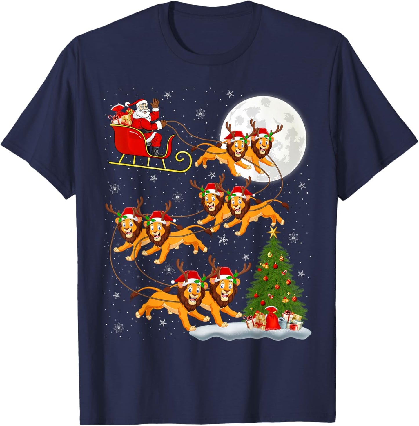 Xmas Tree Lights Funny Santa Riding Lion Christmas T-Shirt - T-Shirt | Navy