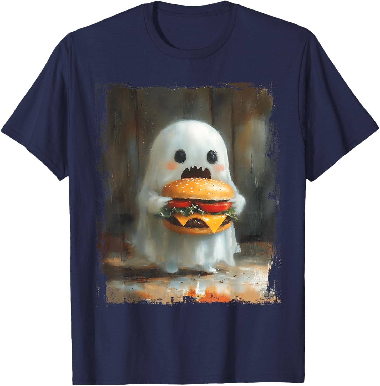 Cute Hamburger Ghost Eating Burger Halloween Food Lovers T-Shirt - T-Shirt | Navy