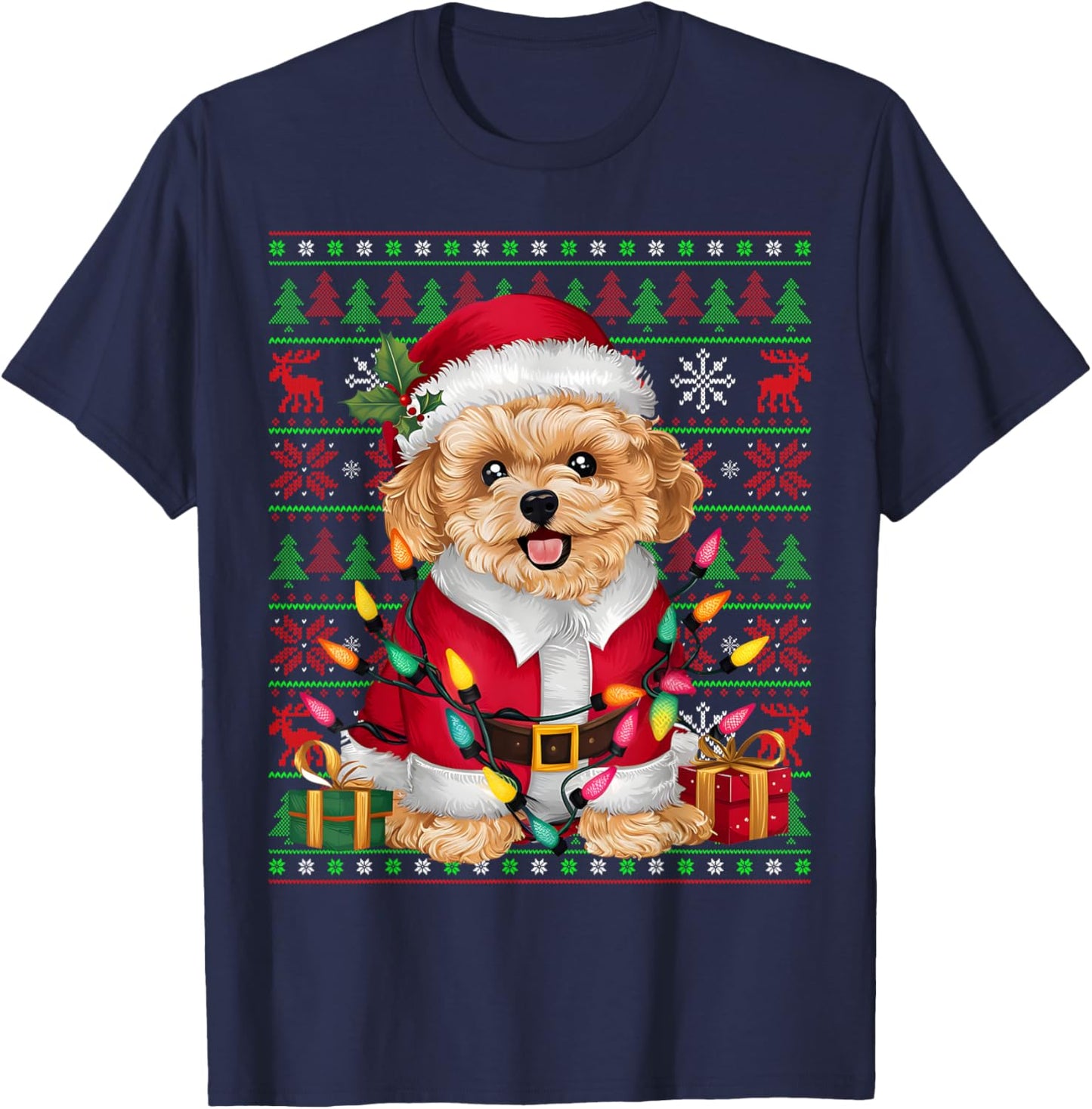 Maltipoo Dog Xmas Lights Ugly Santa Maltipoo Christmas T-Shirt - T-Shirt | Navy