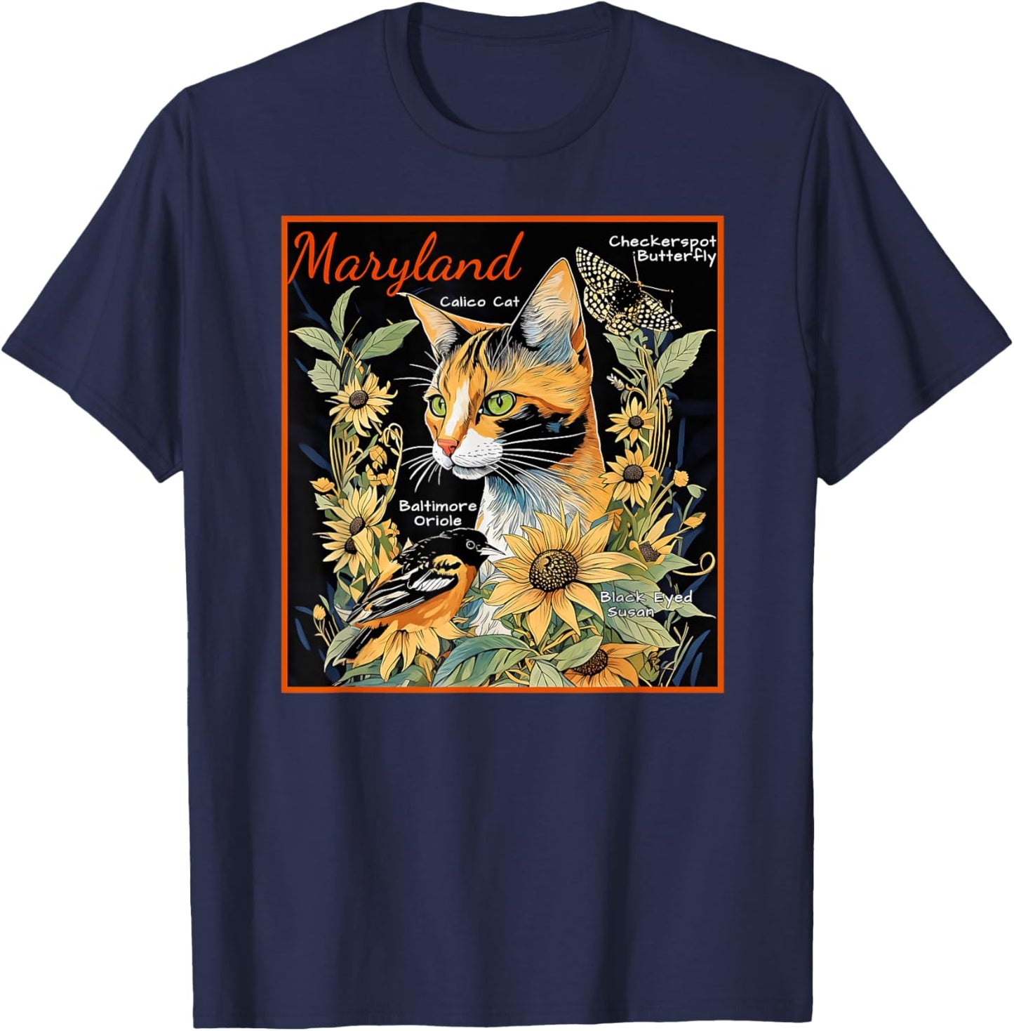Maryland's Official Cat Butterfly and Bird a Colorful Art Men Women Kids T-Shirt - T-Shirt | Navy