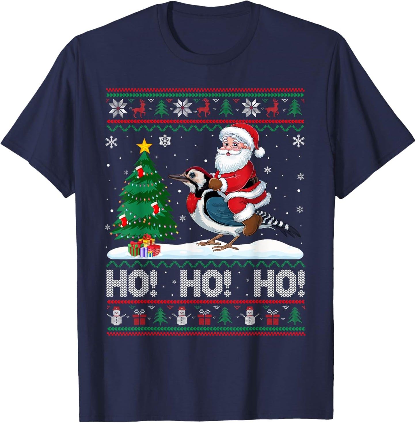 Xmas Tree Lighting Santa Riding Woodpecker Christmas T-Shirt - T-Shirt | Navy