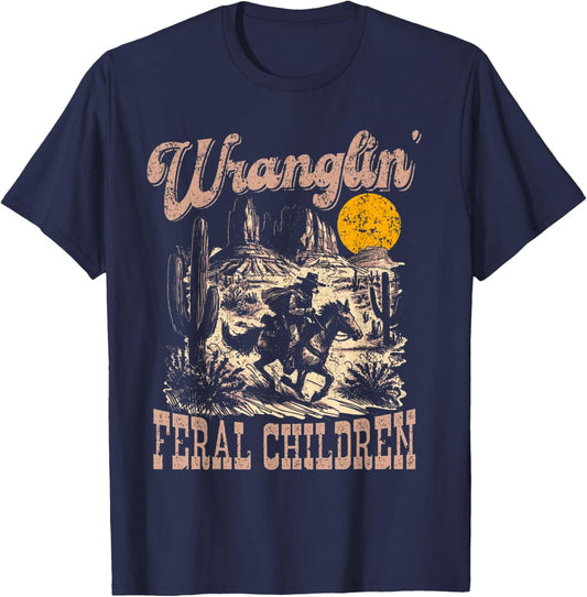Wranglin' Feral Children Western Cowboy Raccoon Riding Horse T-Shirt - T-Shirt | Navy