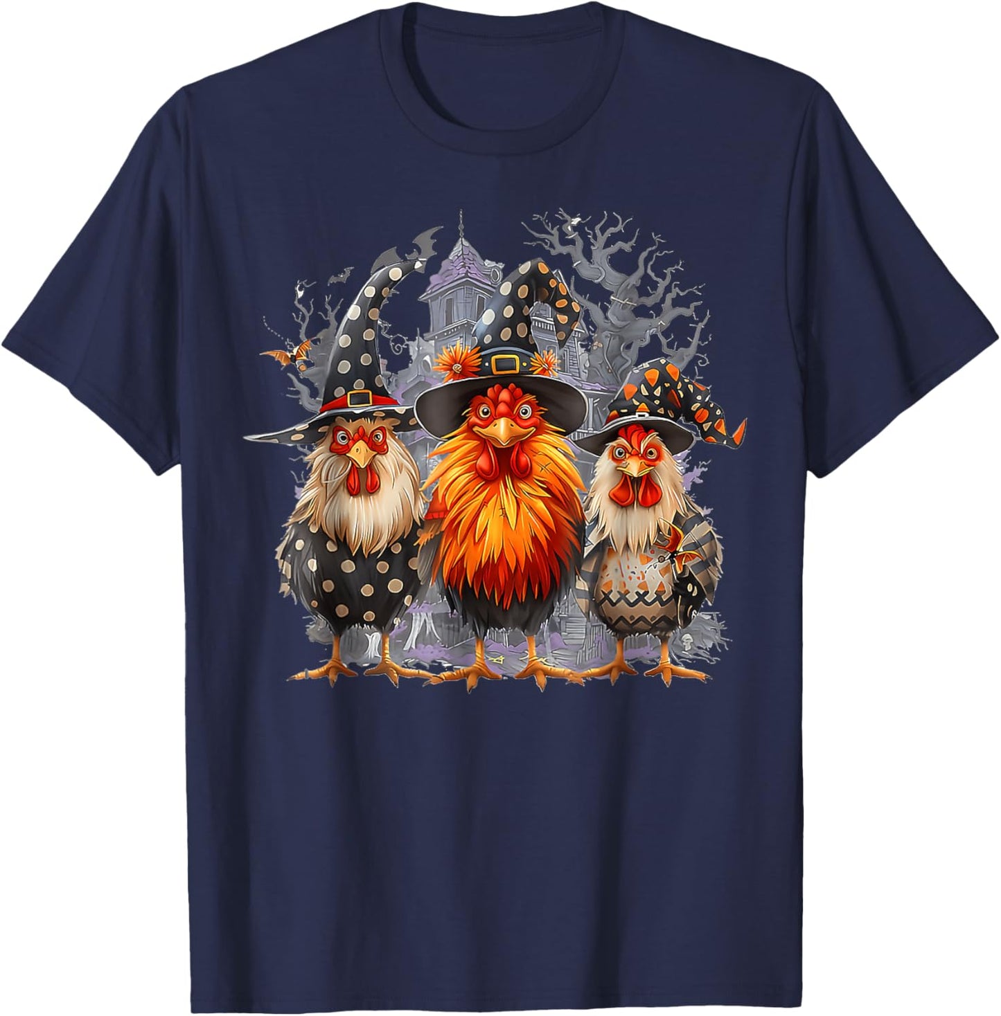 Retro House Chickens Witch Halloween Spooky Autumn Fall T-Shirt - T-Shirt | Navy