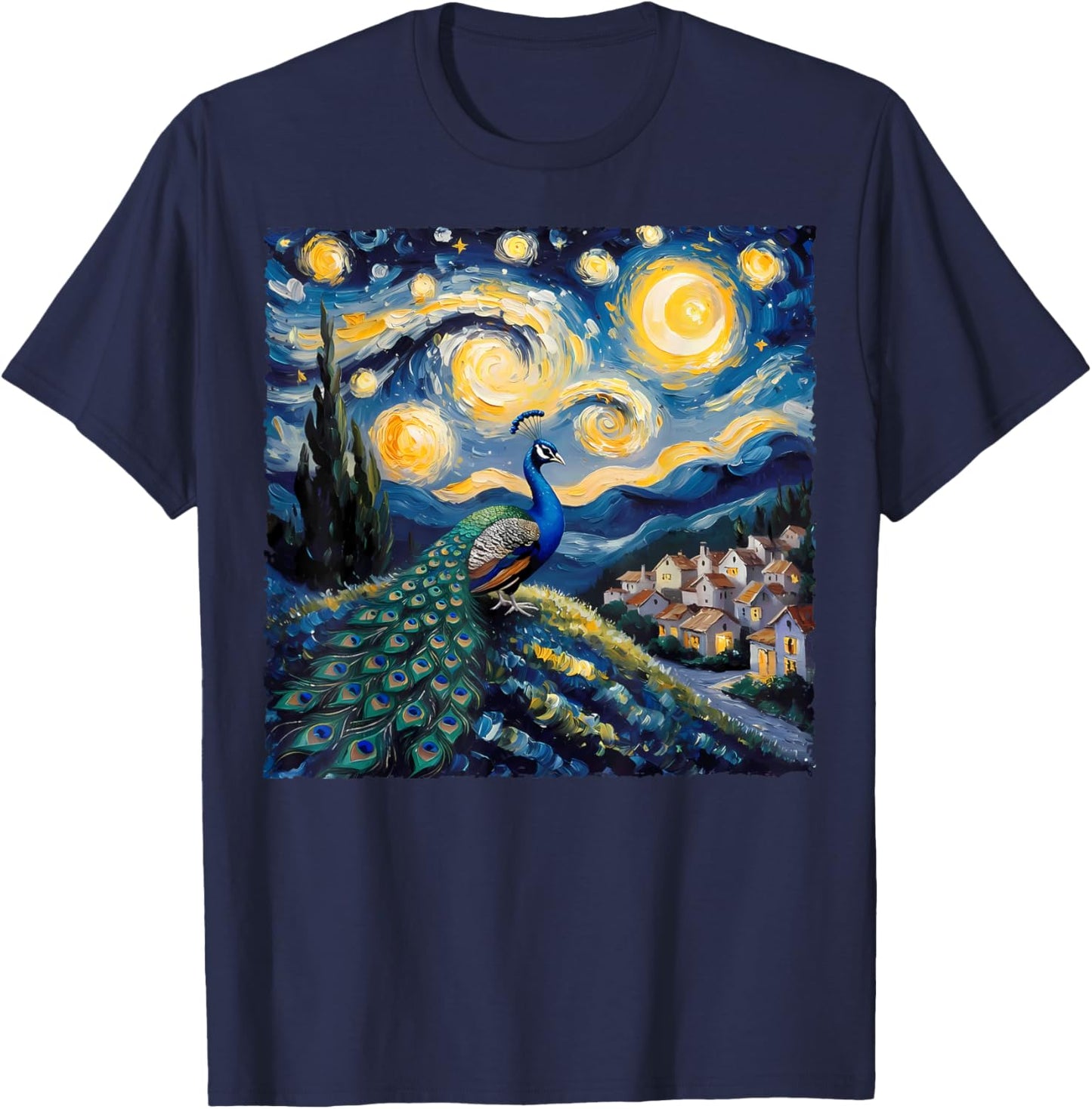 Van Gogh Style Funny Peacock Lover The Starry Night Painting T-Shirt - T-Shirt | Navy