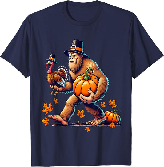 Bigfoot Pilgrim Turkey Pumpkin Funny Thanksgiving Girl Boy T-Shirt - T-Shirt | Navy