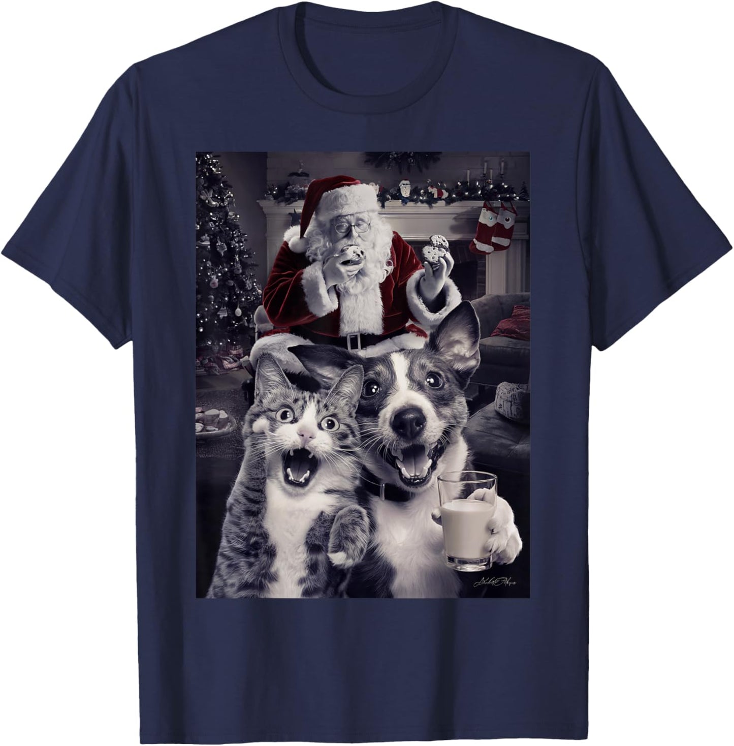 Funny Dog and Cat Selfie with Santa Christmas Men Women Girls Kids T-Shirt - T-Shirt | Navy