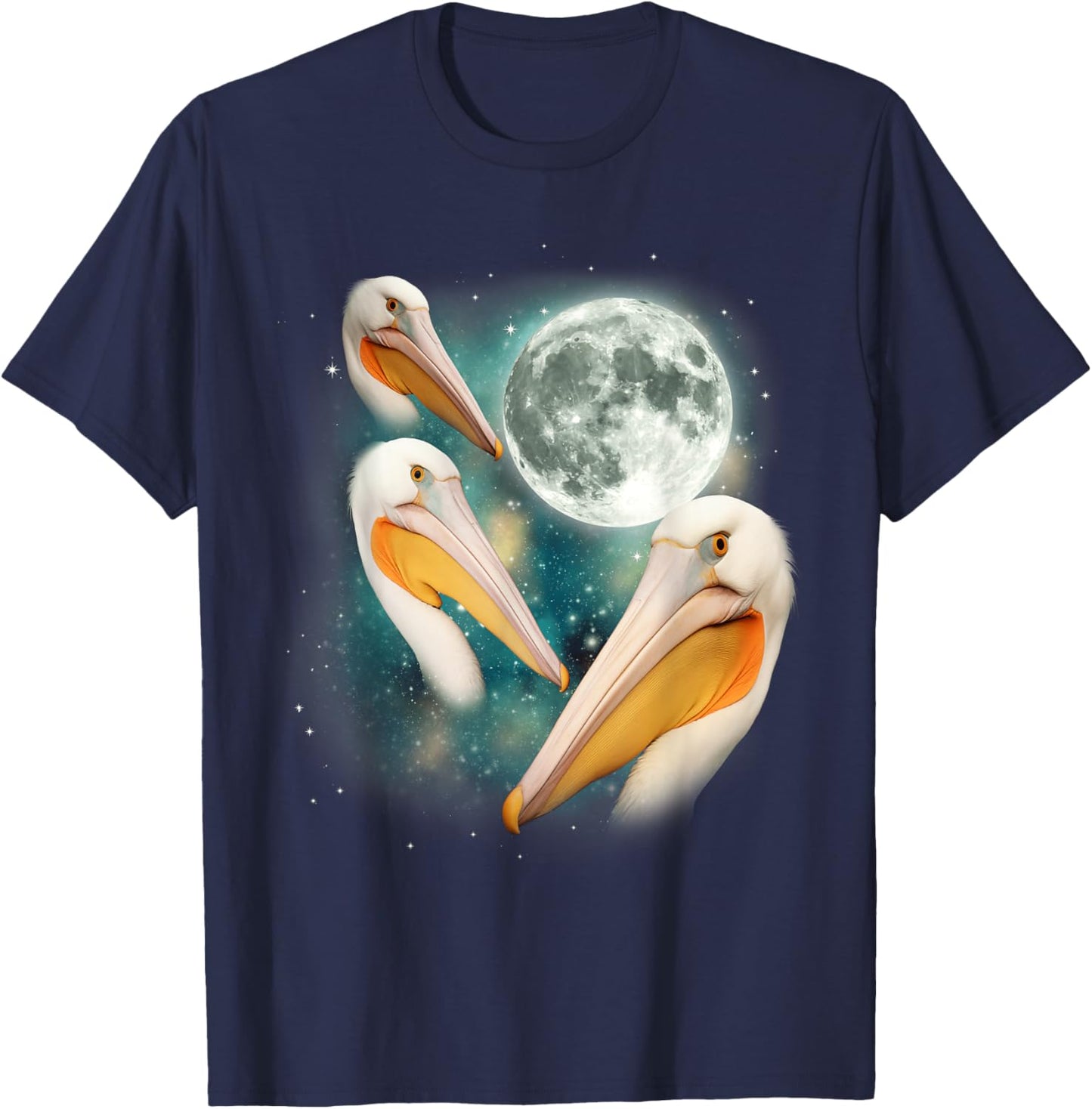 3 Pelican Moon | Three Pelicans 3 Moon Ocean Wildlife Bird T-Shirt - T-Shirt | Navy