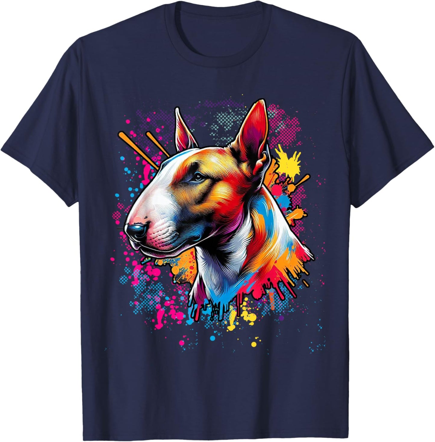 Bull Terrier Lovers Designs -Adults Bull Terrier Lovers Pop Art Funny Bull Terrier - Black - Small - Short Sleeve - Classic Fit - Pop Art Graphic T-Shirt - T-Shirt | Navy