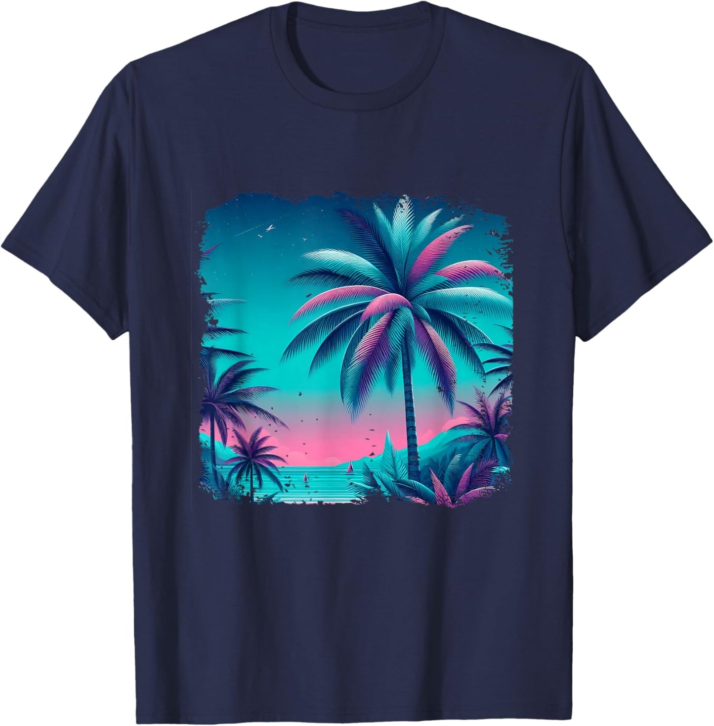 Palm a Trees Tropical Teal Turquoise Purple Beach Vacation T-Shirt - T-Shirt | Navy