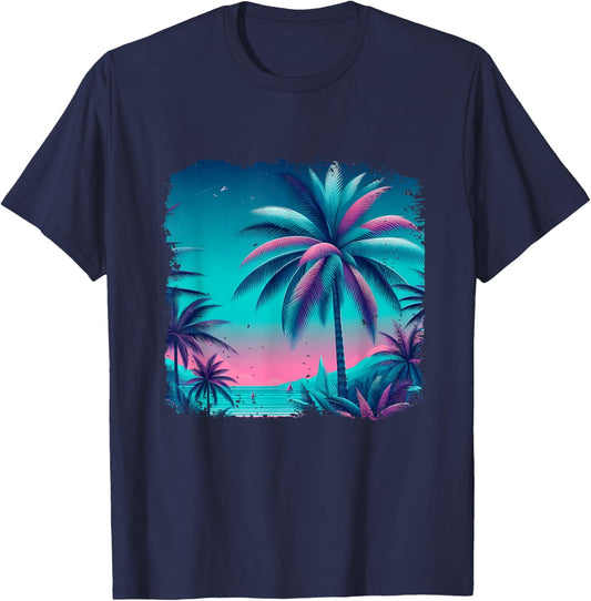 Palm a Trees Tropical Teal Turquoise Purple Beach Vacation T-Shirt - T-Shirt | Navy