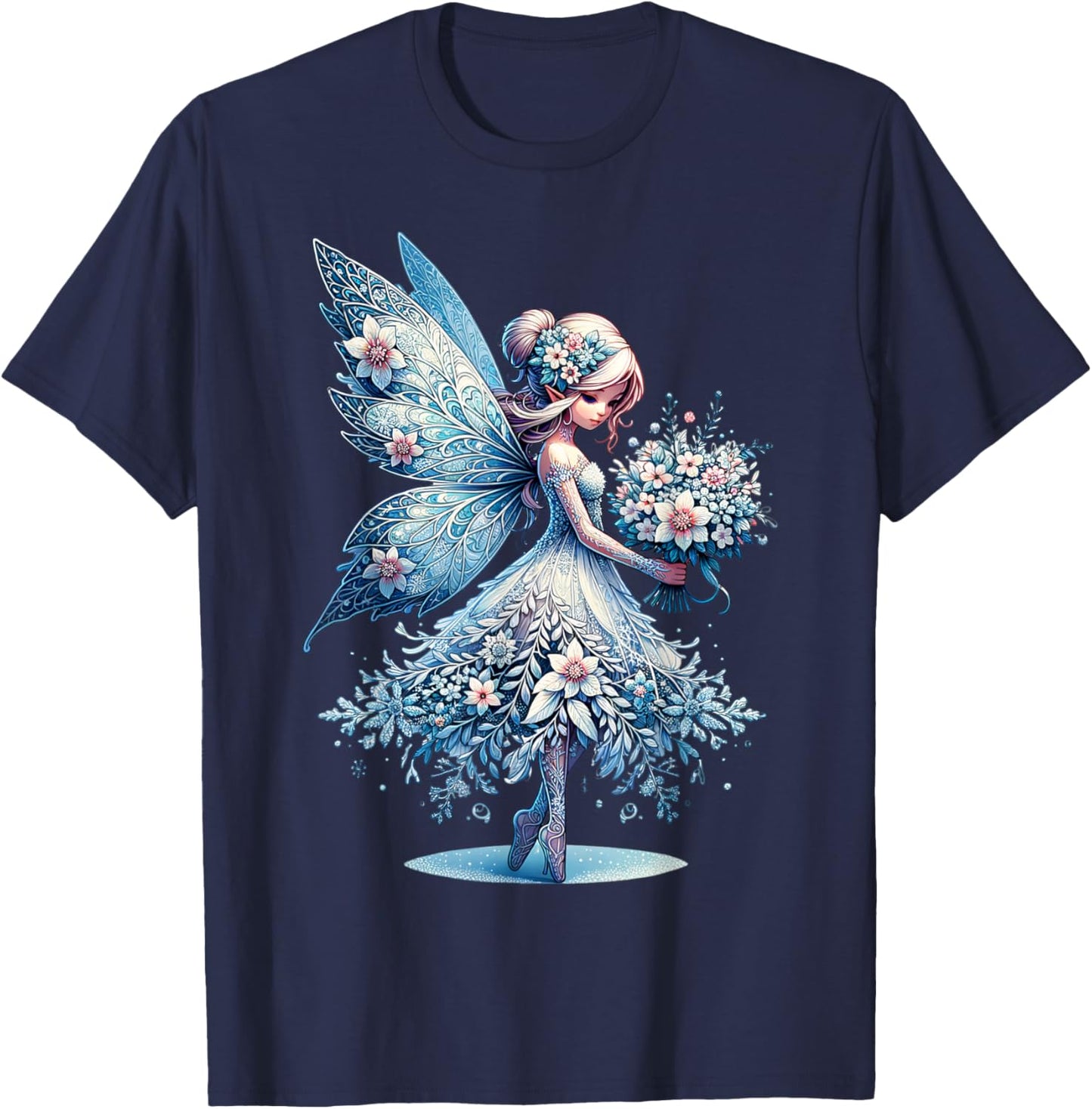 Floral Frost Fairy Blossoms of Winter in a Christmas Wonder T-Shirt - T-Shirt | Navy