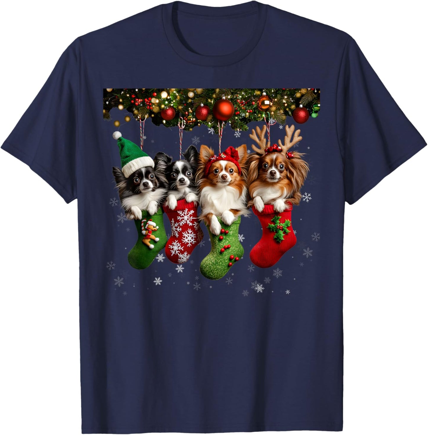 Papillon Christmas Lights Funny Xmas Dog Lover Women Kids T-Shirt - T-Shirt | Navy