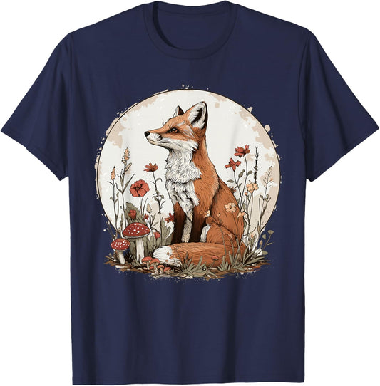 Cottagecore Fox with Flowers T-Shirt - T-Shirt | Navy