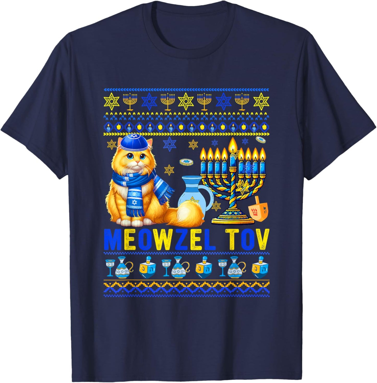 Meowzel Tov Hanukkah Sweater Cat Costume Jewish Menorah T-Shirt - T-Shirt | Navy