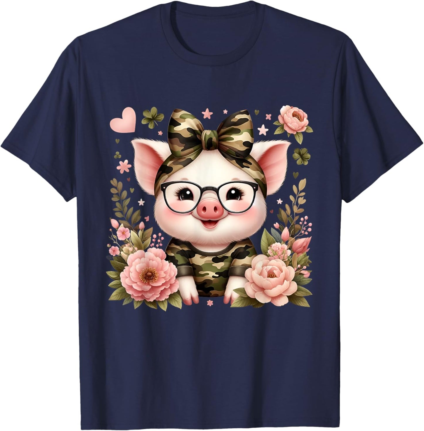 Cute Pig Camouflage Camo Coquette Bow Headband Flower T-Shirt - T-Shirt | Navy