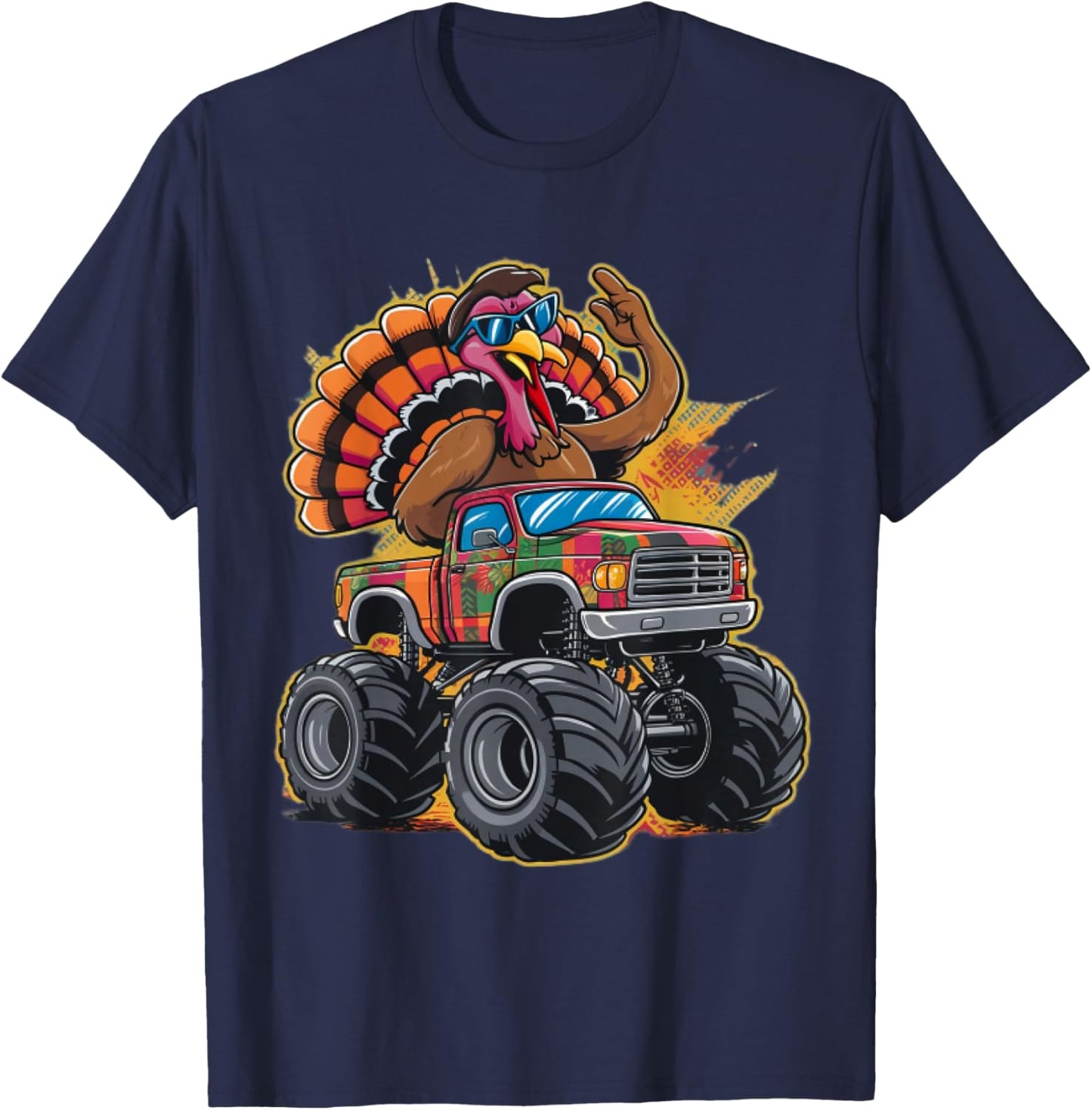 Thanksgiving Turkey Riding Monster Truck Boys Kids T-Shirt - T-Shirt | Navy