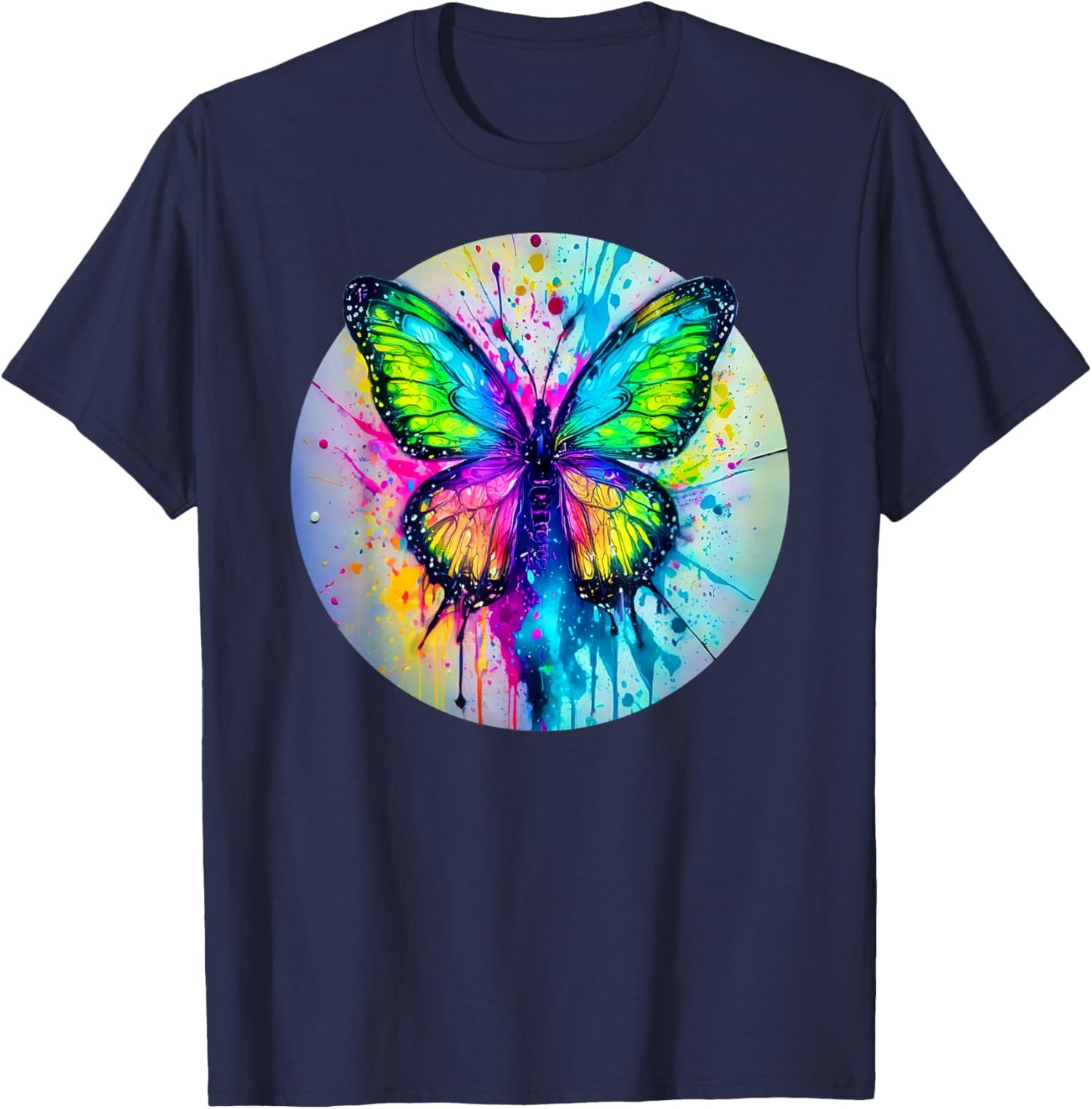 Bright Butterfly Spray Splatter Dripping Paint Pop Art Style T-Shirt - T-Shirt | Navy