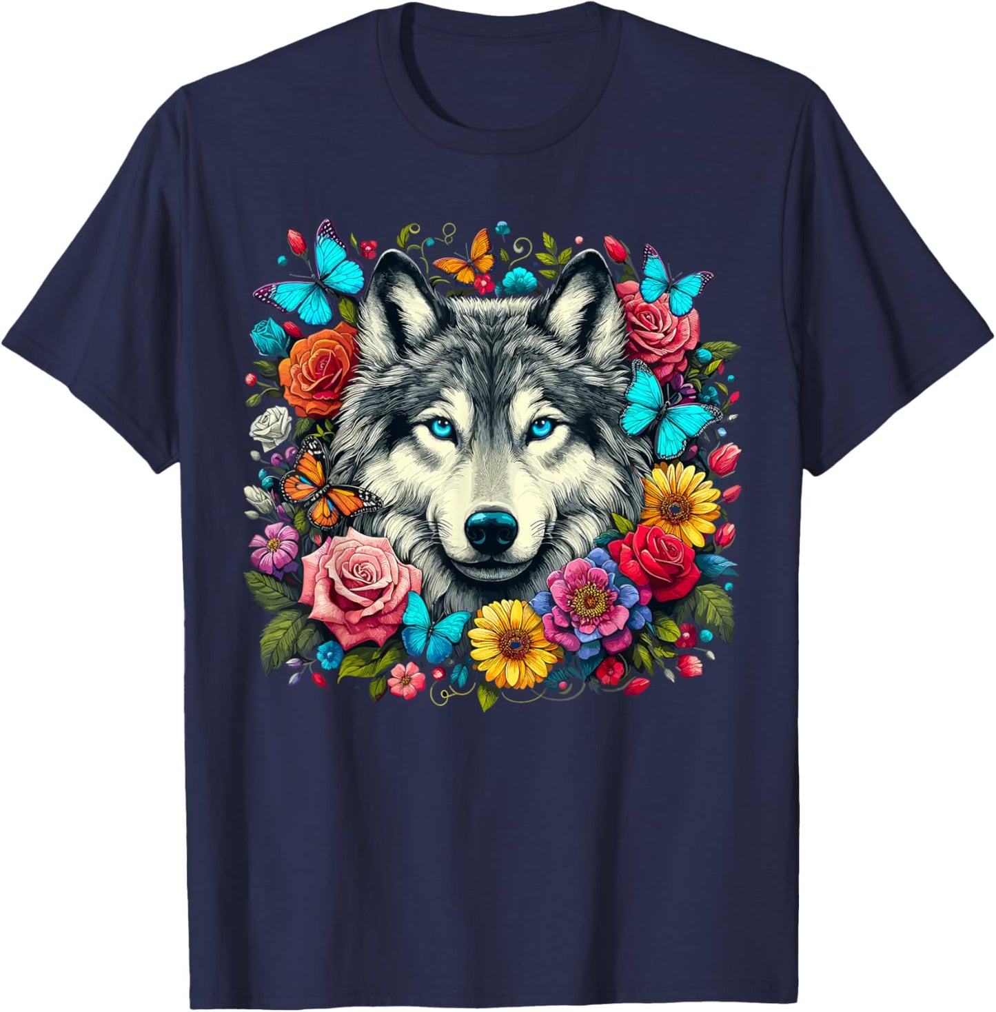 Wolf Animal With Flowers T-Shirt - T-Shirt | Navy