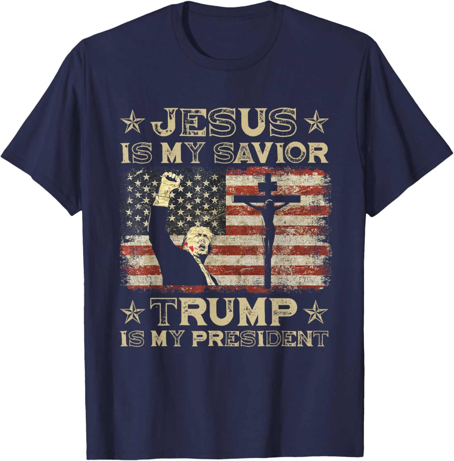 Jesus Is My Savior Trump Is My President Trump 2024 USA Flag T-Shirt - T-Shirt | Navy