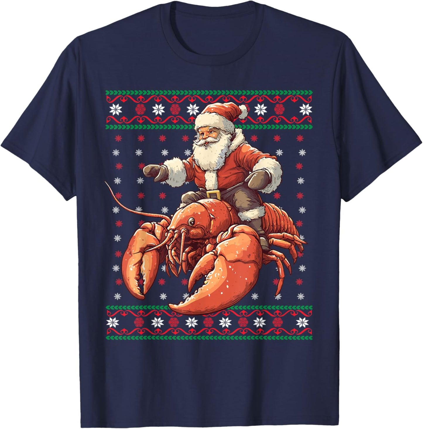 Santa Riding Lobster Funny Lobster Ugly Christmas Pajama T-Shirt - T-Shirt | Navy