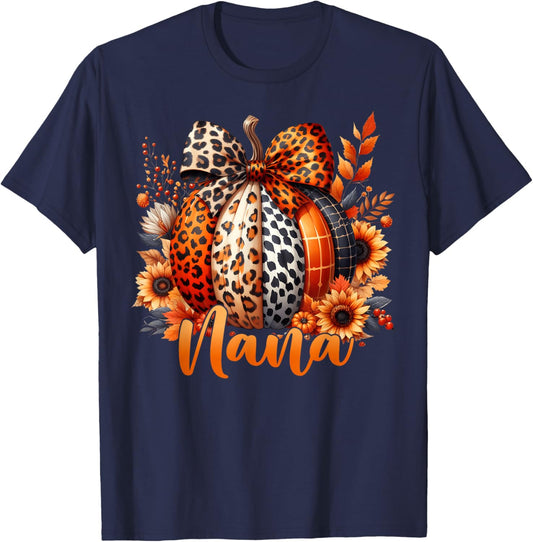 Nana Thanksgiving Leopard Pumpkin Sunflower Coquette Bow T-Shirt - T-Shirt | Navy