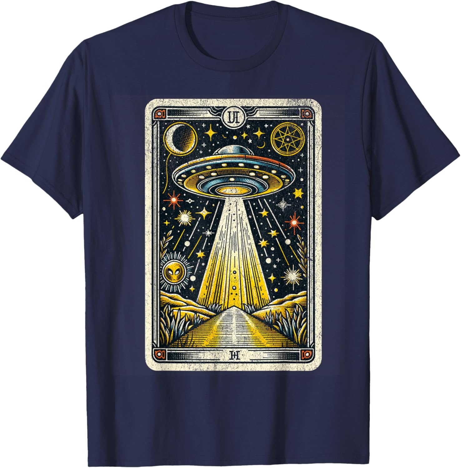 Vintage UFO Tarot Card Alien Astrology Retro Zodiac T-Shirt - T-Shirt | Navy