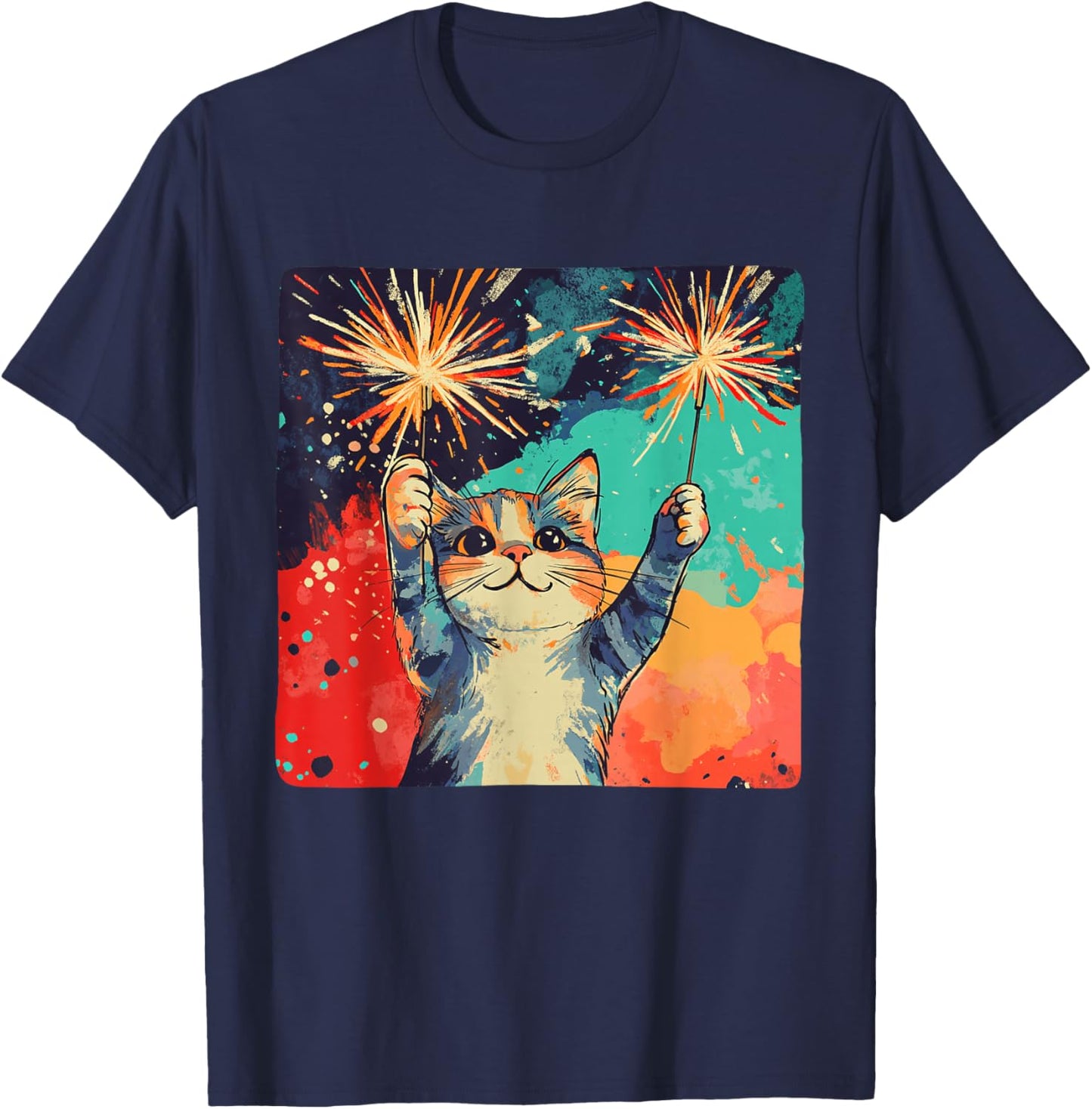 Cute celebrating Cat for Happy New Year Lovers T-Shirt - T-Shirt | Navy