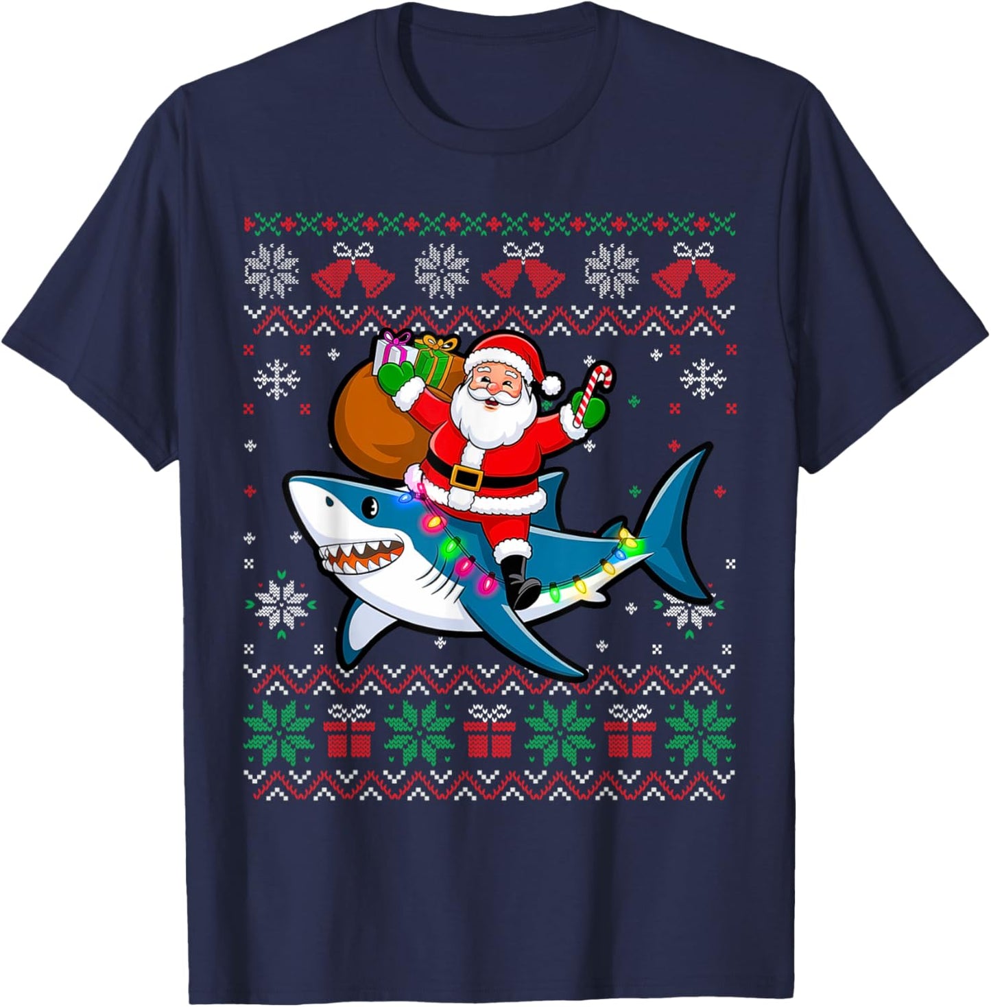 Funny Ugly Christmas Santa Riding Shark Holiday Gifts T-Shirt - T-Shirt | Navy