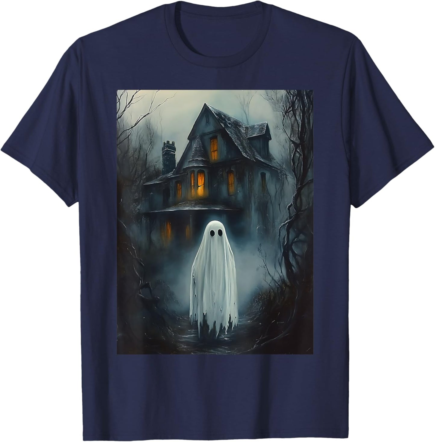 Vintage Haunted House Halloween Midnight Spooky Ghost Horror T-Shirt - T-Shirt | Navy