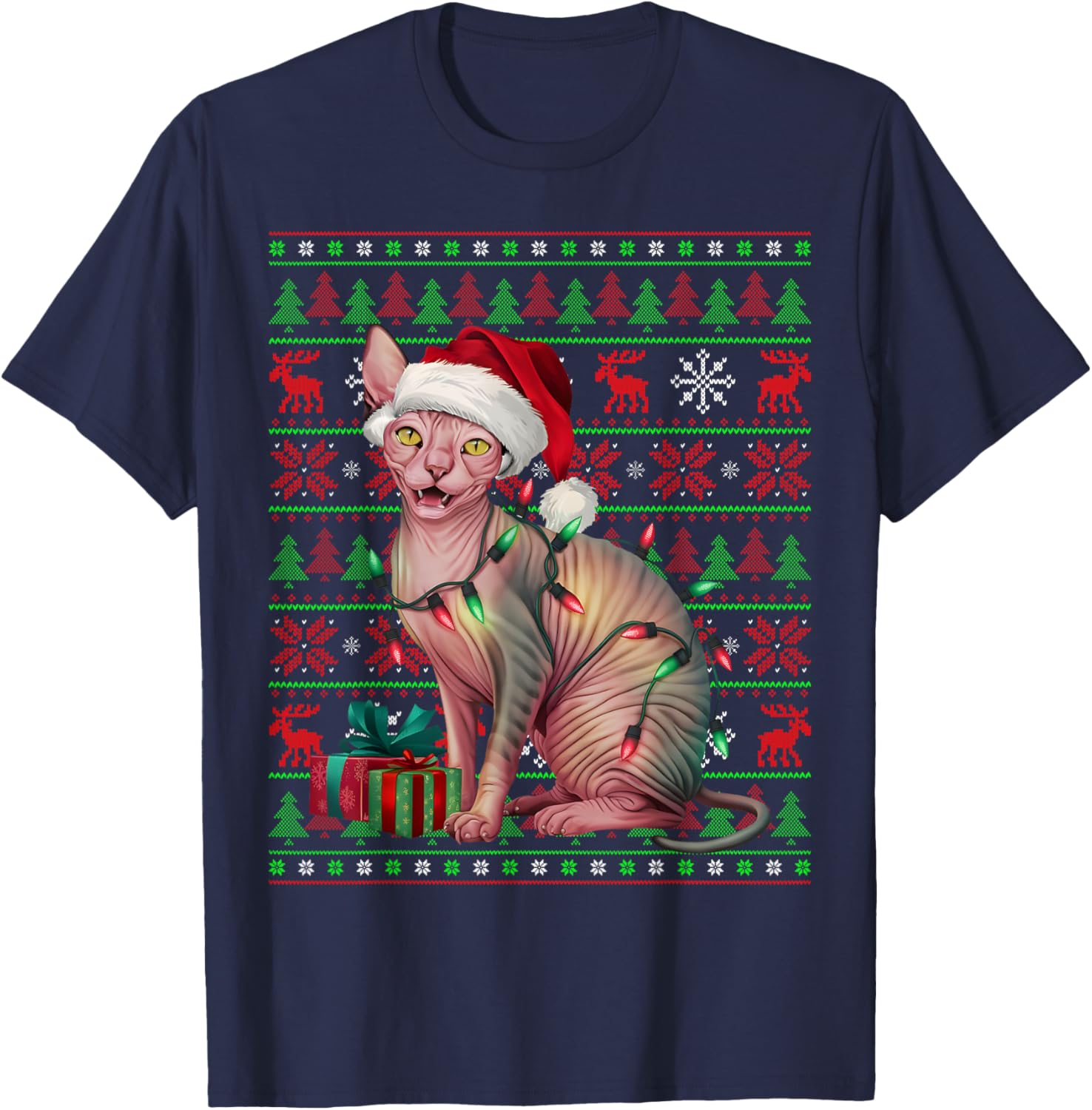 Sphynx Cat Xmas Lights Ugly Santa Hat Sphynx Cat Christmas Women Kids T-Shirt - T-Shirt | Navy