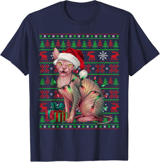 Sphynx Cat Xmas Lights Ugly Santa Hat Sphynx Cat Christmas Women Kids T-Shirt - T-Shirt | Navy