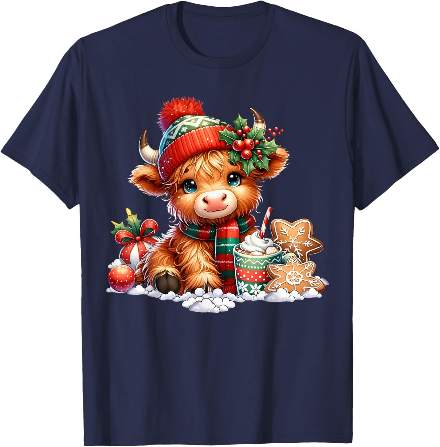 Christmas Highland Cow Cute Heifer Cow Santa Hat Mooey Xmas T-Shirt - T-Shirt | Navy