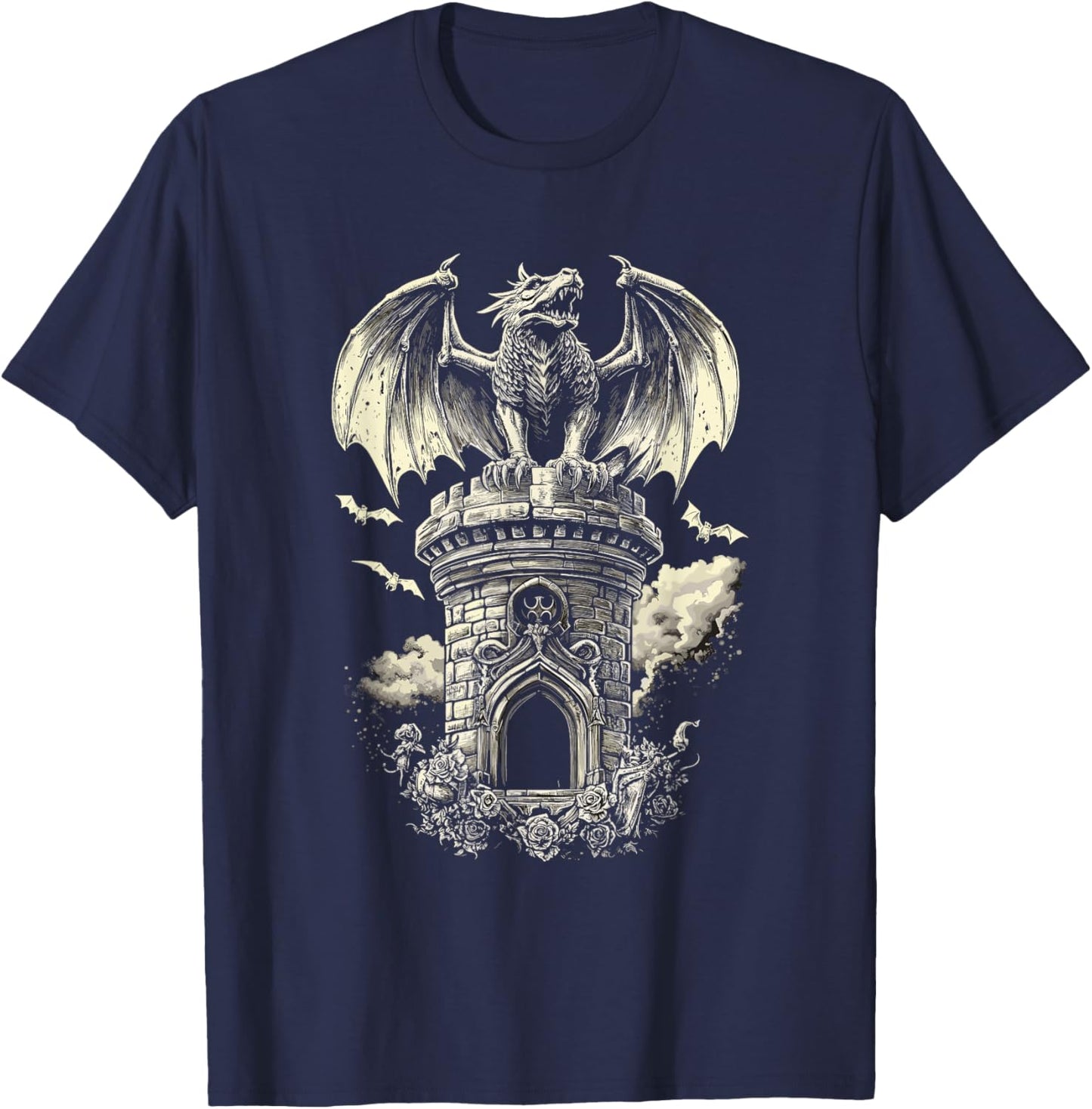 Dragon on Tower with Bats - Gothic T-Shirt - T-Shirt | Navy