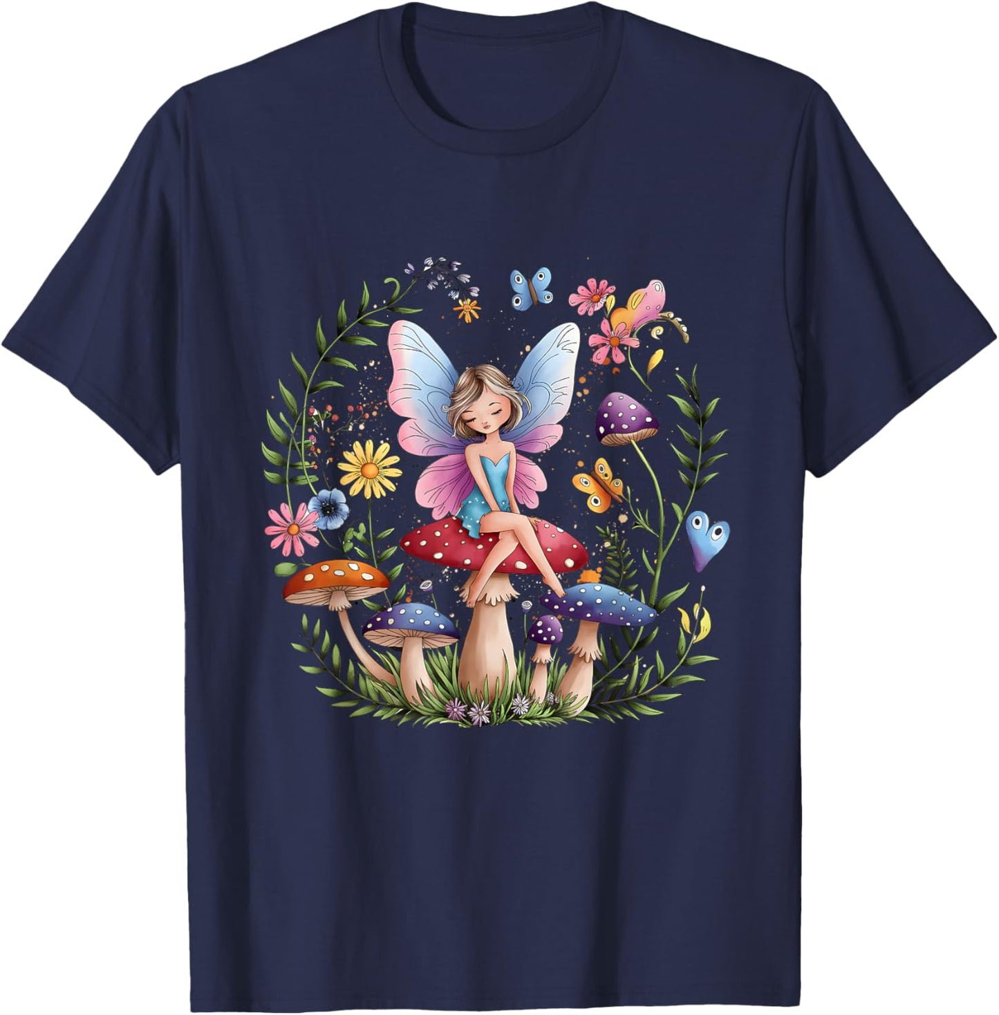 Enchanted Forest Fairy Fantasy Mystical Butterfly Mushroom T-Shirt - T-Shirt | Navy