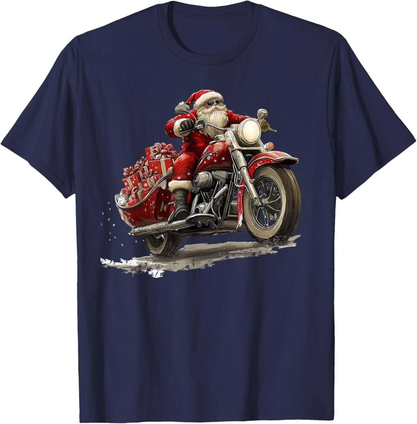 Funny Christmas Santa Riding on a vintage motorcycle Bike T-Shirt - T-Shirt | Navy
