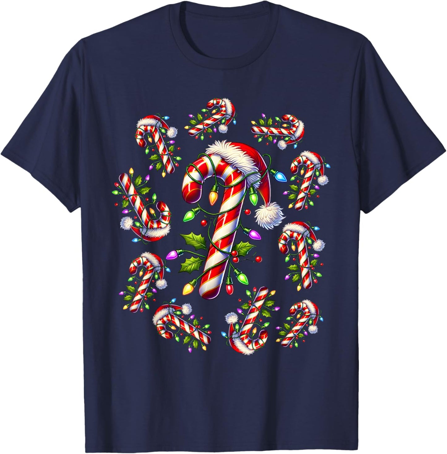 Red and White Candy Cane Santa Christmas Funny Xmas Lights T-Shirt - T-Shirt | Navy